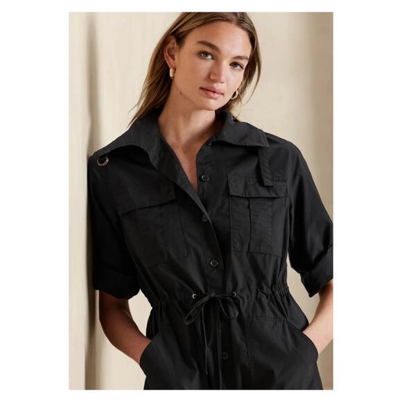 Banana Republic Black Cotton Trench Back Shirt Dress Sz.M - Picture 2 of 14